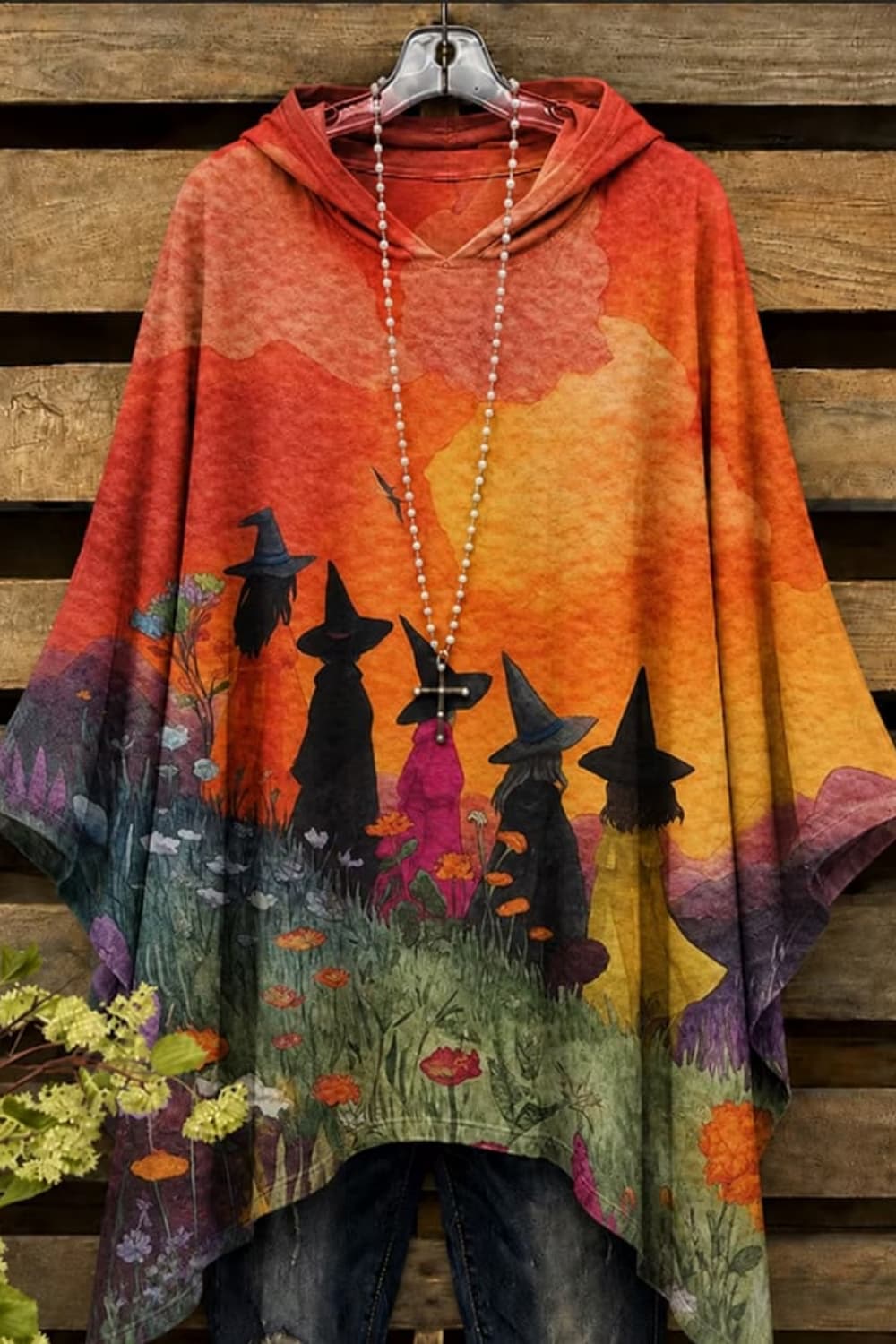 Beatrice | Halloween-Inspired Orange Witch Print Hooded Long Sleeve Hoodie