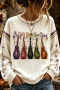 Genevieve | Halloween-Inspired White Witch Broom Print Round Neck Long Sleeve Sweatshirt