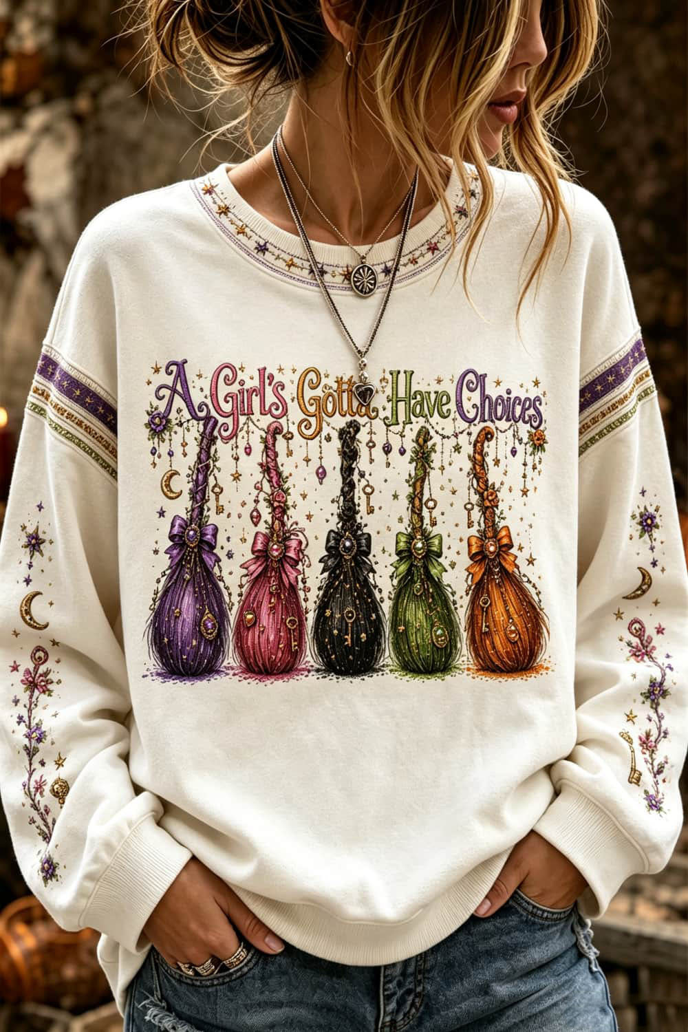 Genevieve | Halloween-Inspired White Witch Broom Print Round Neck Long Sleeve Sweatshirt
