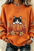 Naomi | Halloween-Inspired Orange Cat Pumpkin Maple Leaf Print Round Neck Long Sleeve Top