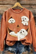Freya | Halloween-Inspired Rust Maltese Dog Pumpkin Face Print Round Neck Top