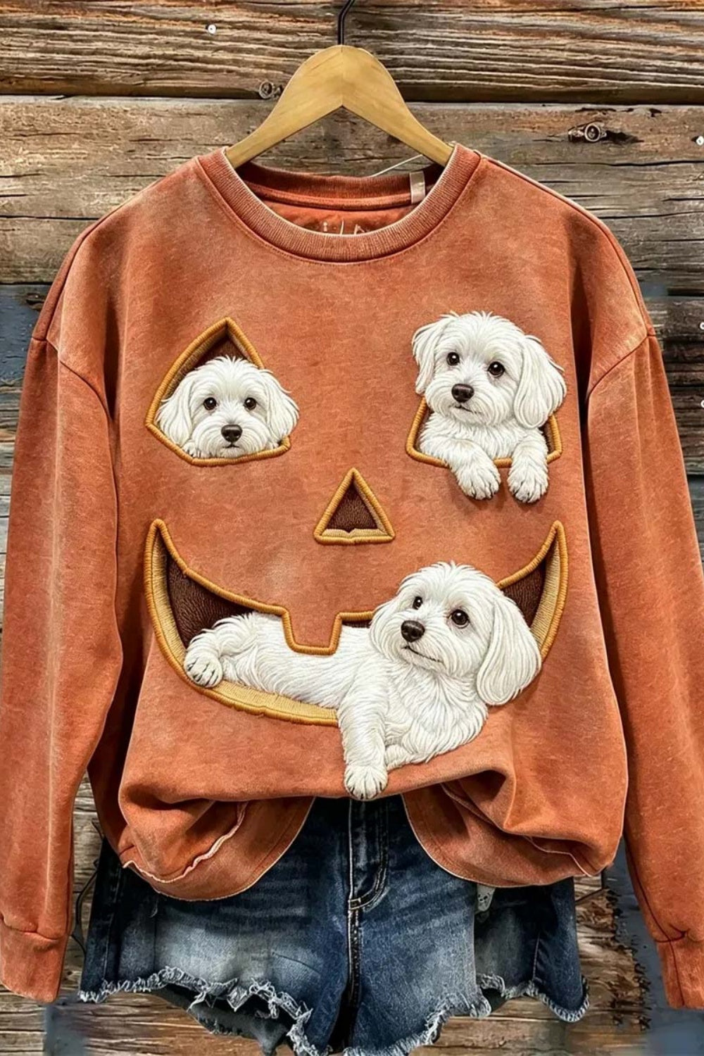Freya | Halloween-Inspired Rust Maltese Dog Pumpkin Face Print Round Neck Top