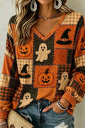 Diana | Halloween-Inspired Multi Plaid Ghost Pumpkin Patchwork V Neck Long Sleeve Top