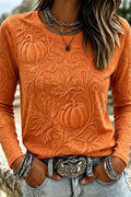Elizabeth | Halloween-Inspired Orange Pumpkin Leaf Embossed Round Neck Long Sleeve Top
