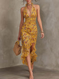 Emery - Ginger Yellow Floral Halter Neck Fitted Waist Chiffon Midi Dress