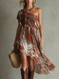 Dawn - Boho One-shoulder Irregular Marble Abstract Print Chiffon Midi Dress
