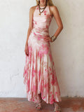 Alexandra - Pink Floral Chiffon Pleated Print Sleeveless Midi Dress