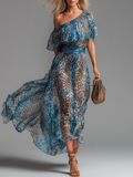 Lauren - Long chiffon dress with leopard print and bare shoulders