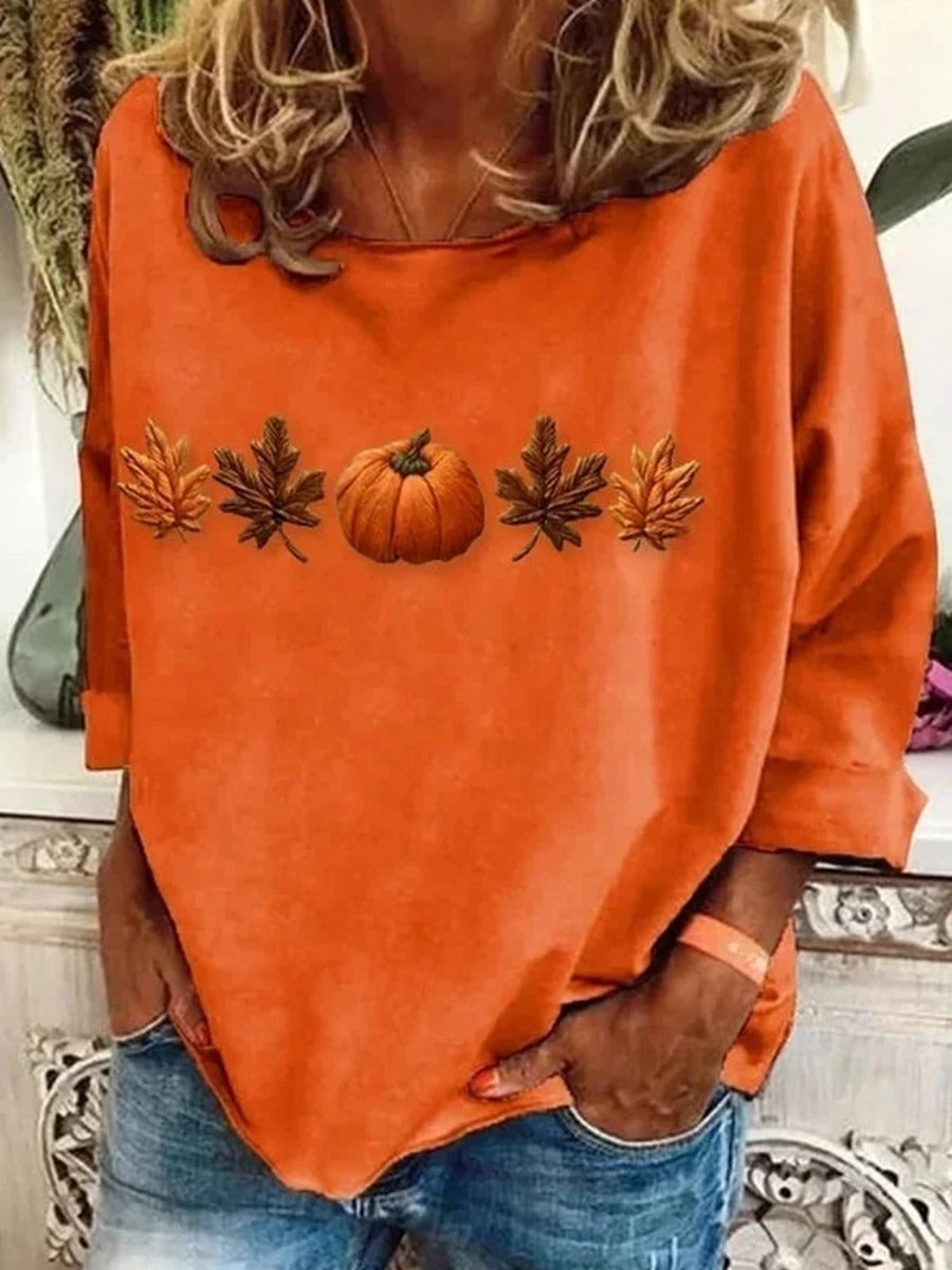 Claire | Halloween-Inspired Pumpkin Maple Leaf Print Round Neck Long Sleeve Tops