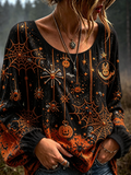 Josephine | Halloween-Inspired Spider Web Pumpkin Print Round Neck Long Sleeve Blouse