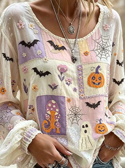 Deborah | Halloween-Inspired Blouse Round Neck Long Sleeve Print Top