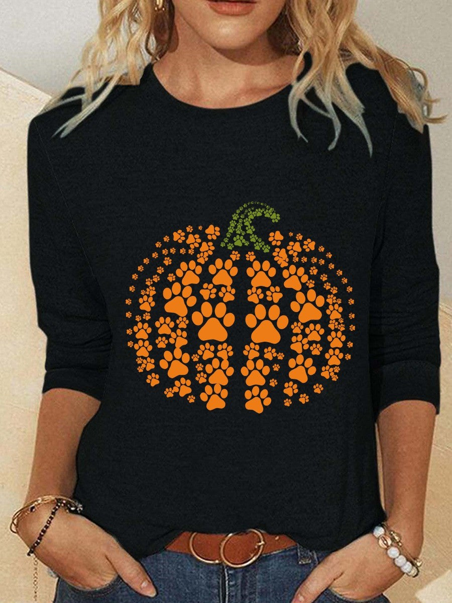 Rose | Halloween-Inspired Pumpkin Print Round Neck Long Sleeve Blouse