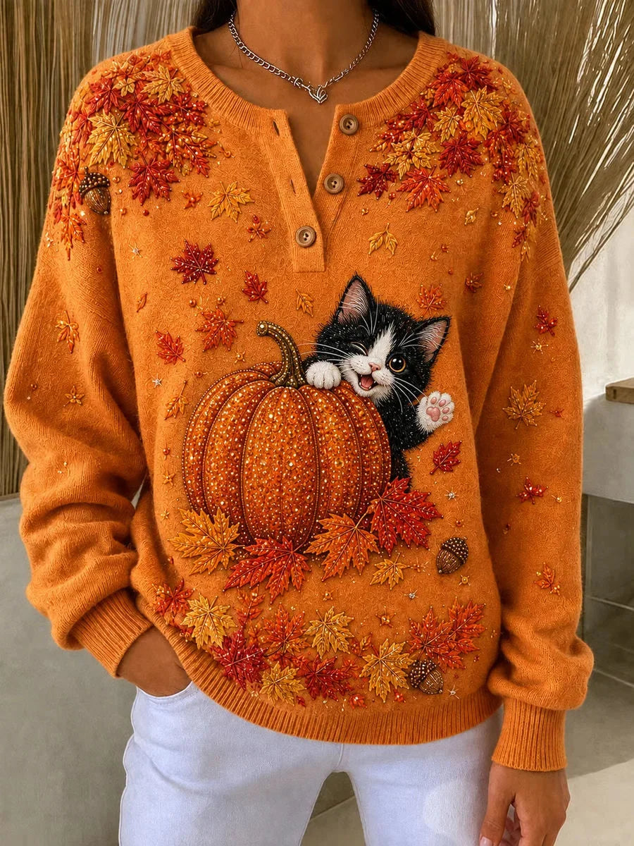 Athena | Halloween Casual Cat Round Neck Long Sleeve Sweatshirt
