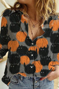 Aurelia | Halloween-Inspired Pumpkin Cat Print Lapel Long Sleeve Blouse