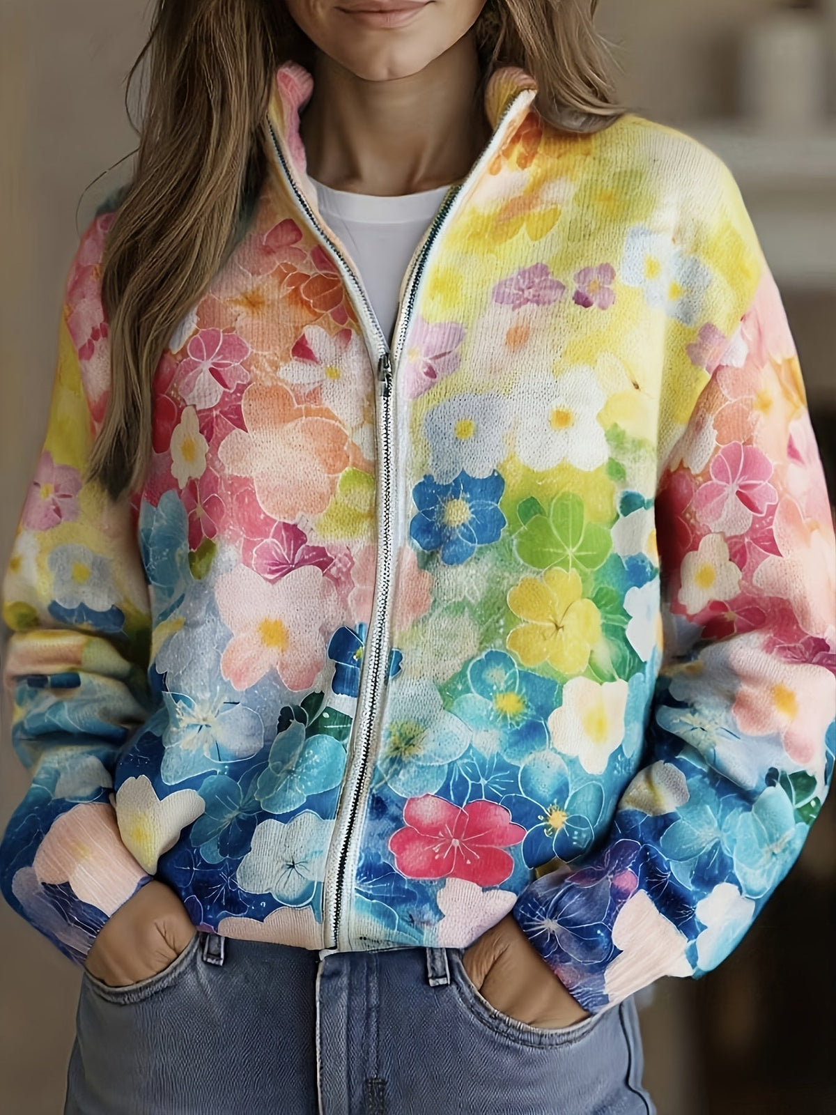 Augusta | Watercolor Floral Zip Cardigan