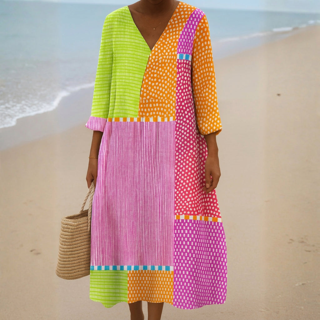 Heather - Colorful Patchwork Dress with Dots and Stripes