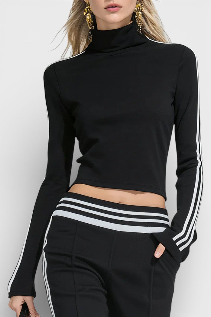 Sully Retro Sport Chic Black Knit Set with High Collar and Flared Pants
