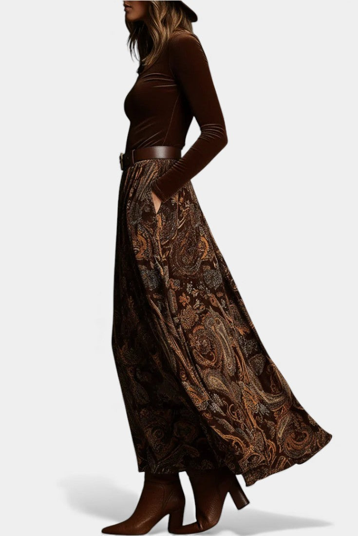 Liliya Vintage Stretch Velvet Ensemble with Paisley Maxi Skirt