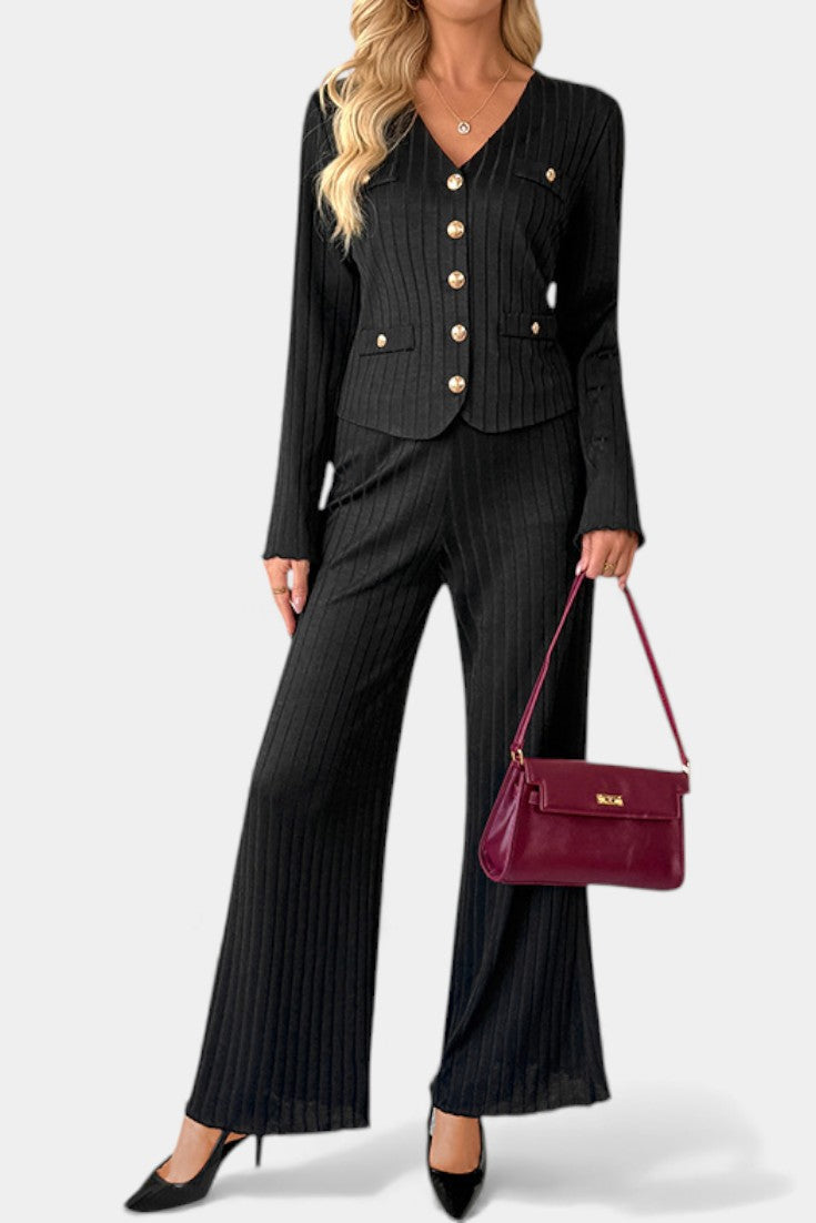 Nahia Minimalist Knit Top with Wide-Leg Pants Set