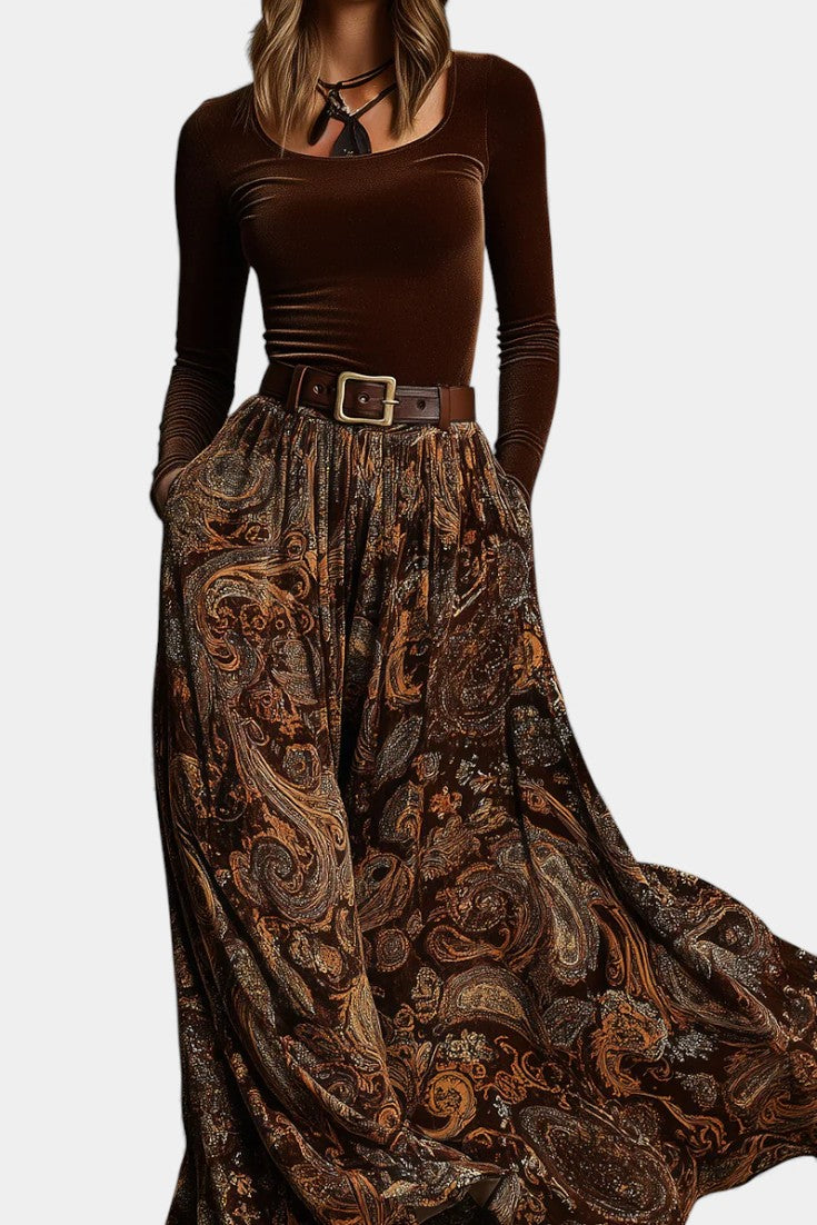 Liliya Vintage Stretch Velvet Ensemble with Paisley Maxi Skirt