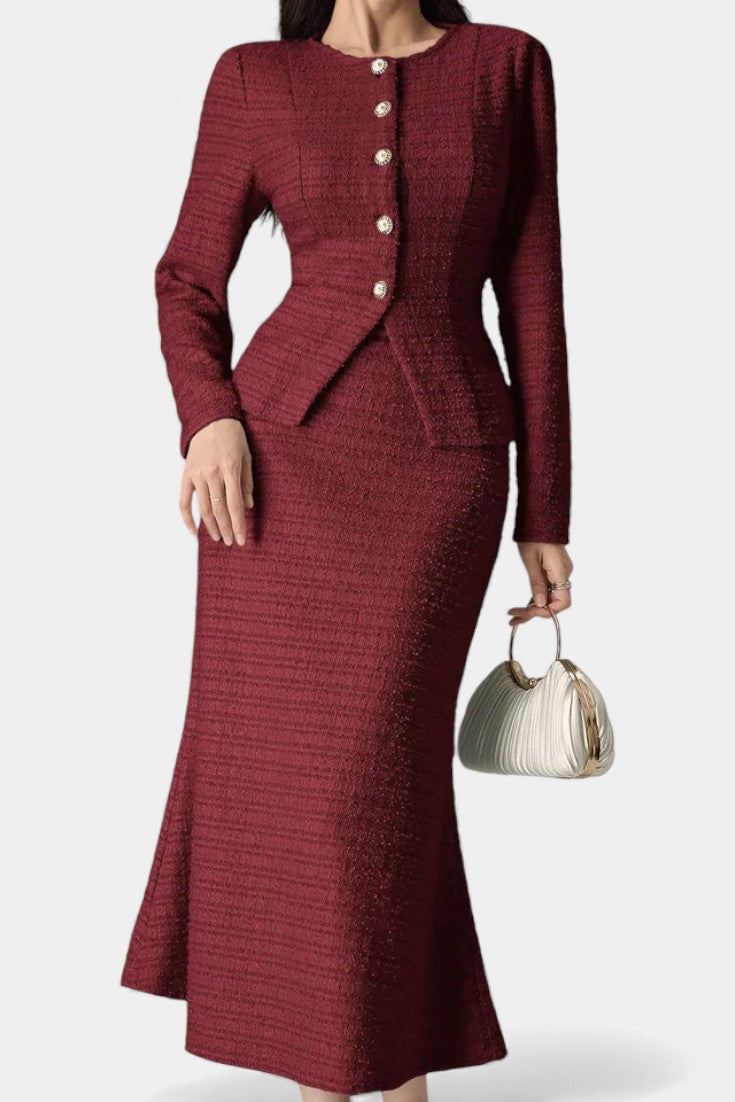 Véronique Two-Piece Tweed Ensemble – Round Neck Blouse with Midi Mermaid Skirt