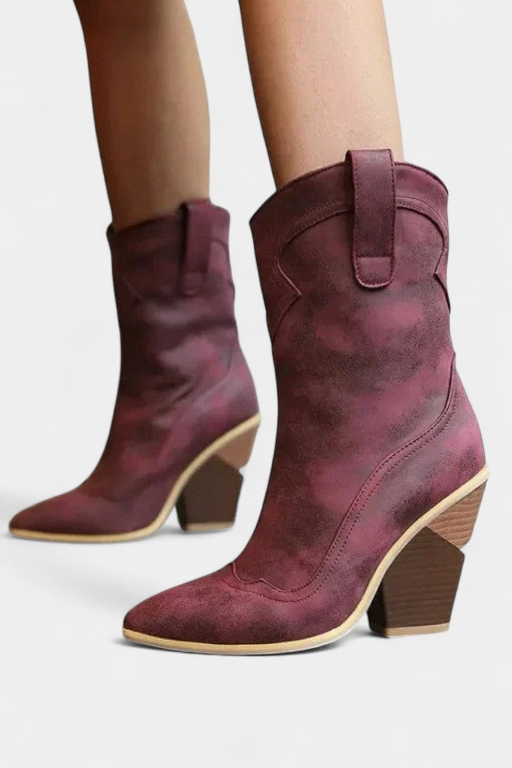 Soft Leather Western Ankle Boot with Pointed Toe and Chunky Heel