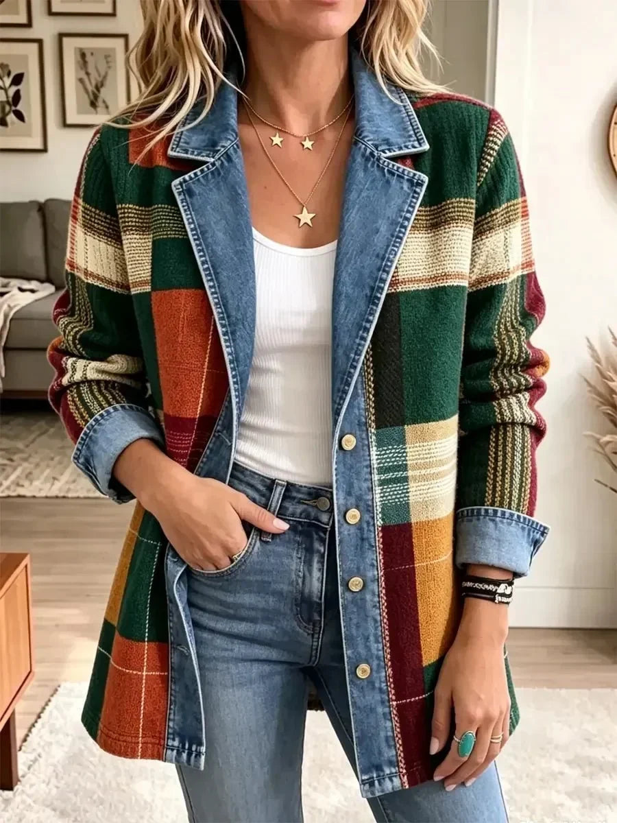 Ella | Retro Plaid Art-Print Denim Jacket