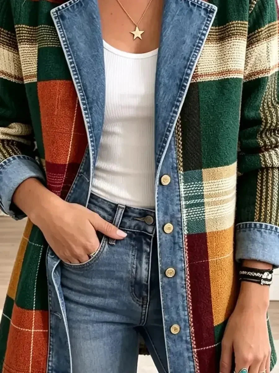 Ella | Retro Plaid Art-Print Denim Jacket
