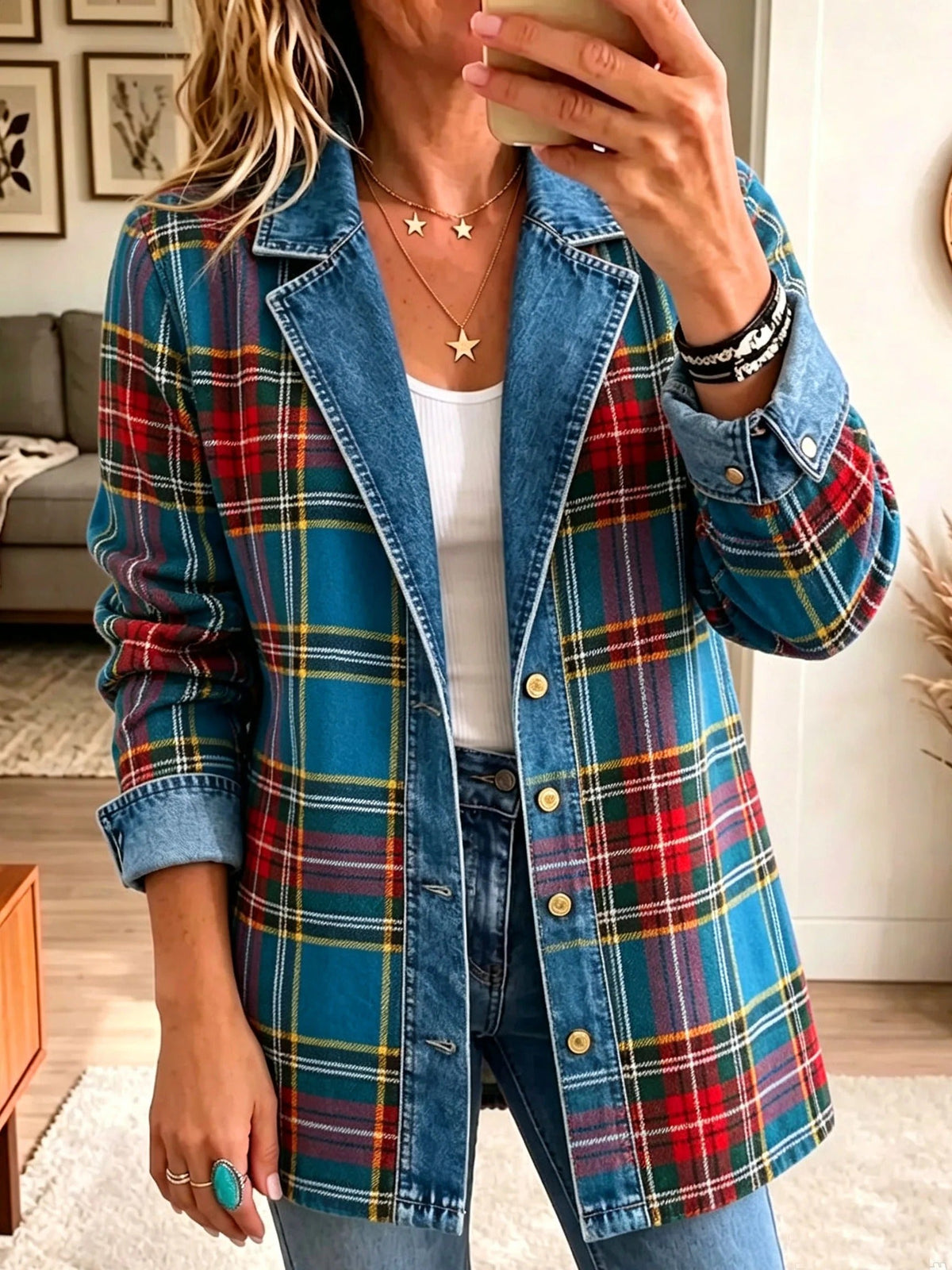 Grace | Tartan Patchwork Denim Blazer