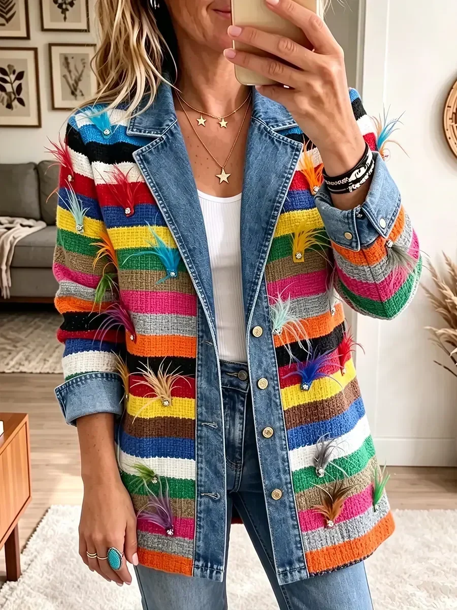 Mia | Vintage Feather-Print Denim Jacket