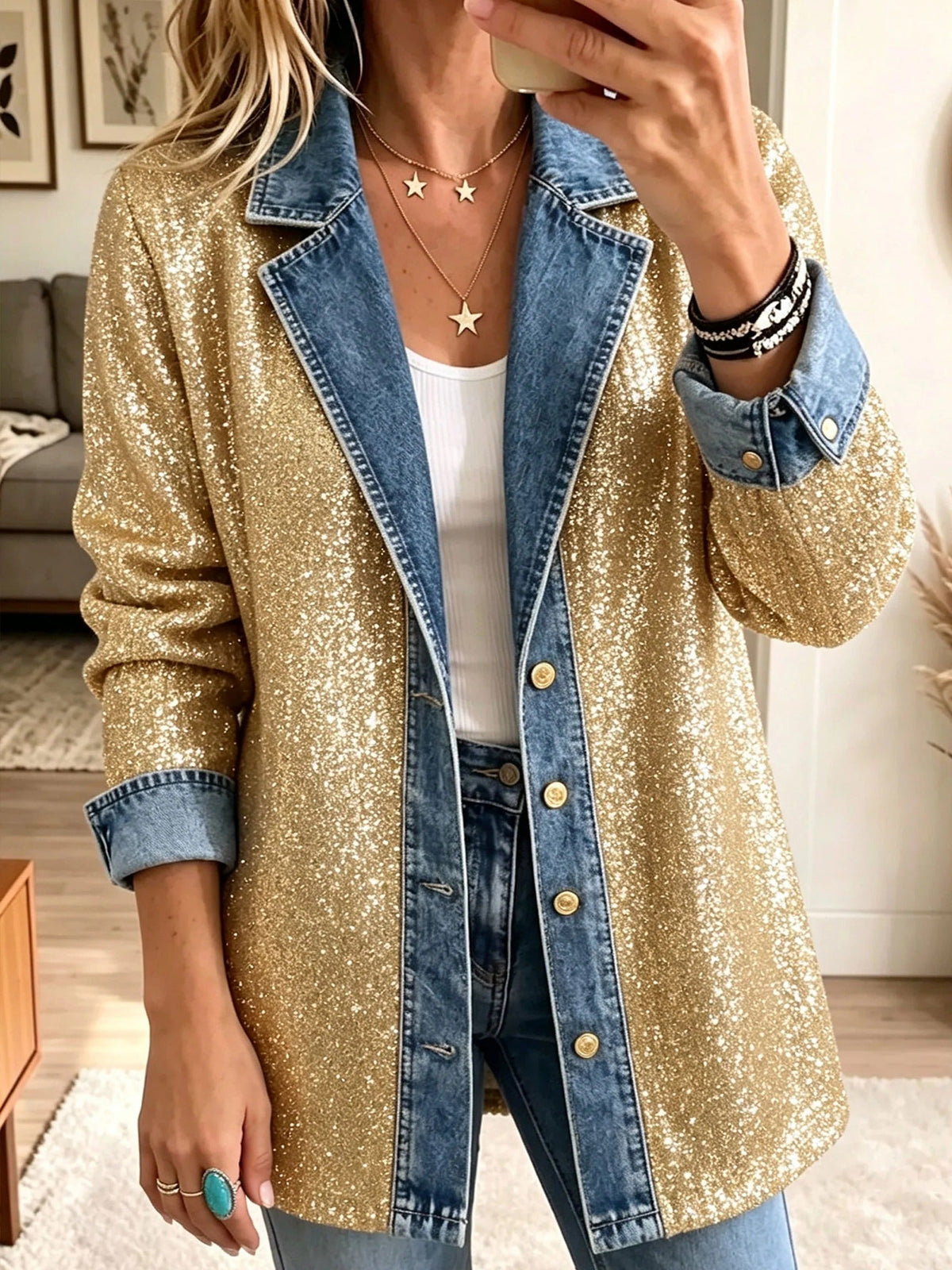 Sophia | Gold Glitter Patchwork Denim Jacket