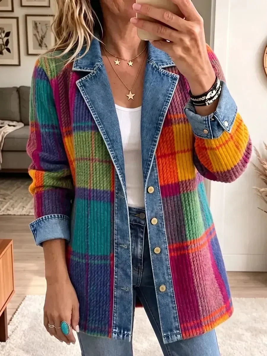 Emma | Vintage Plaid Patchwork Denim Jacket