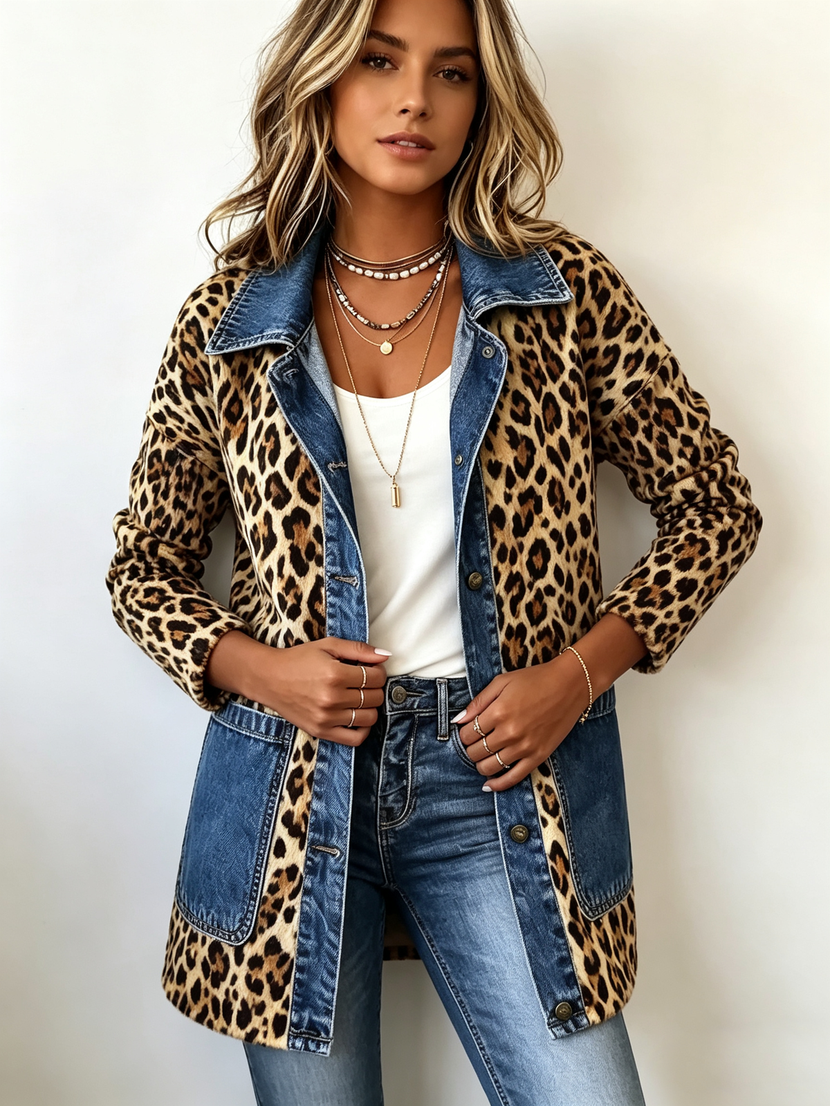 Lorena | Long Leopard and Denim Jacket