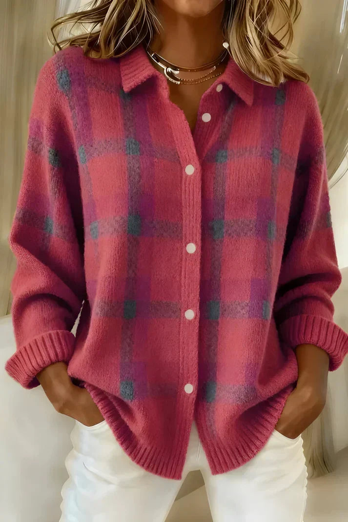 Denise | Pink Plaid Knit Cardigan